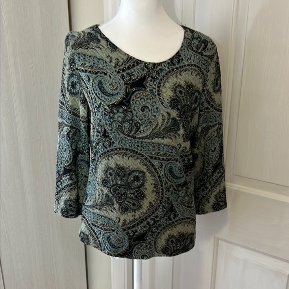 Brittany Black Green Fitted 3/4 Sleeve Blouse